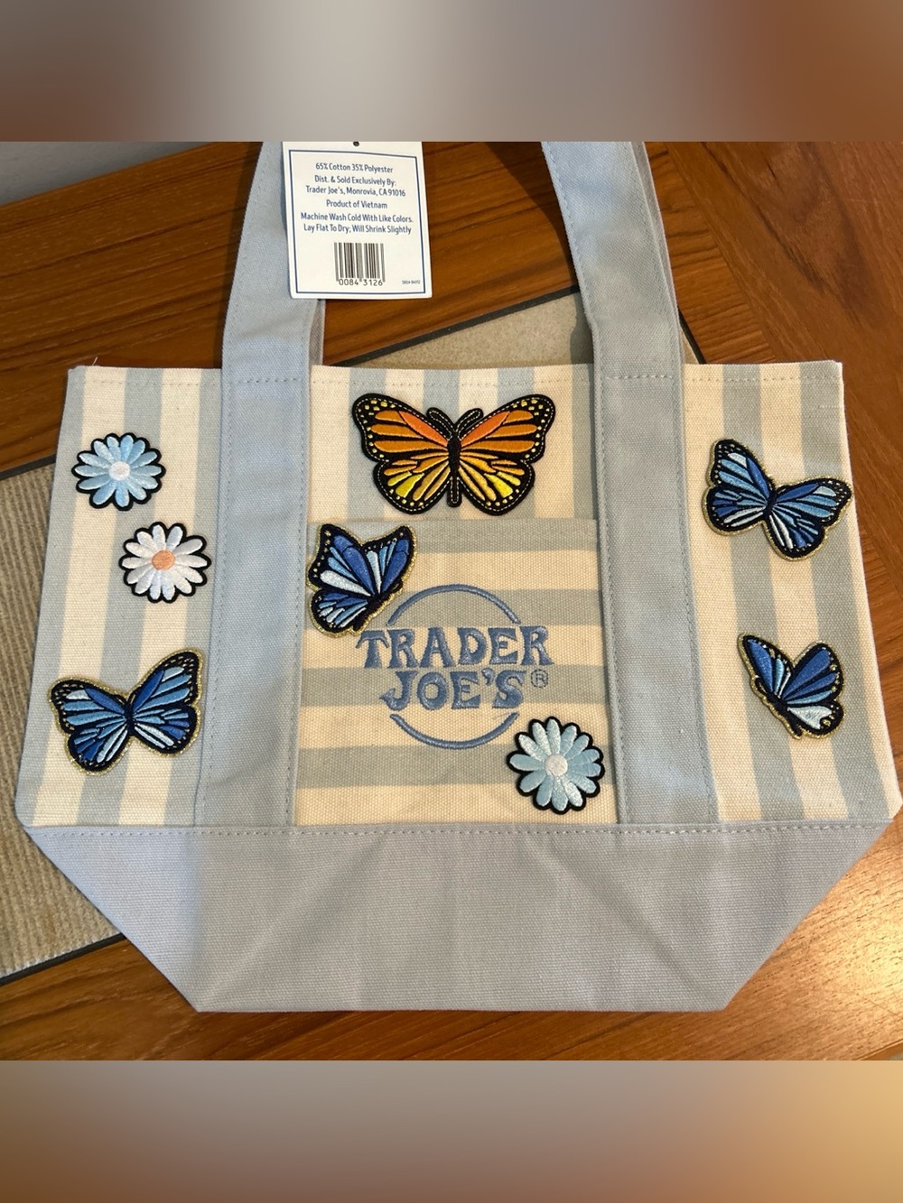 Upcycled Trader Joe's Blue Stripe Butterfly Canvas Tote Bag